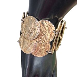 Vintage ART Signed Coin Medallion Bracelet Gold Tone Etruscan Revival